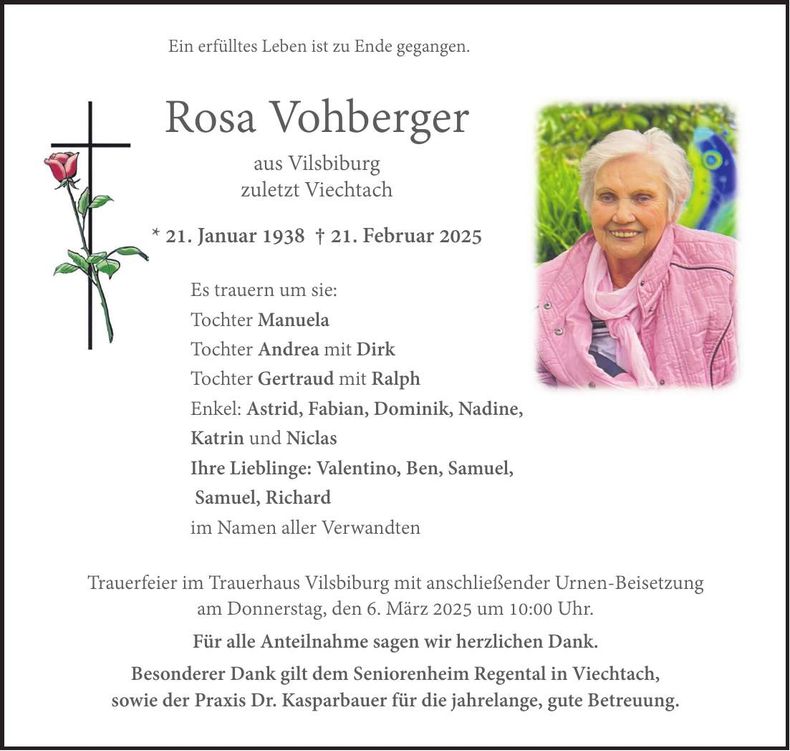 Traueranzeige Rosa Vohberger