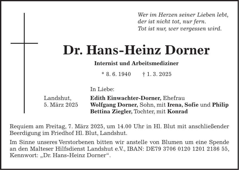 Traueranzeige Hans-Heinz Dr. Dorner