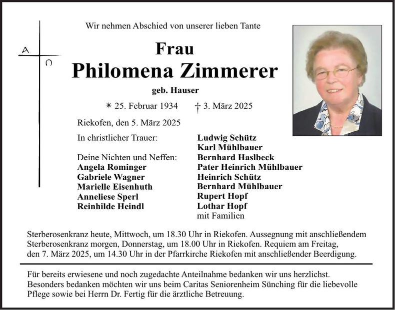 Traueranzeige Philomena Zimmerer