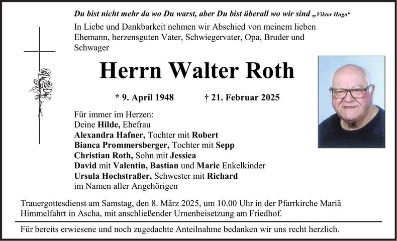 Traueranzeige Walter Roth
