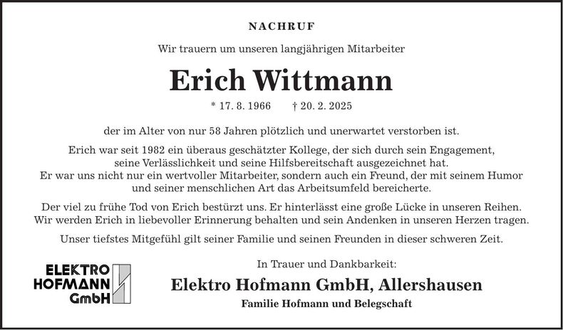 Traueranzeige Erich Wittmann