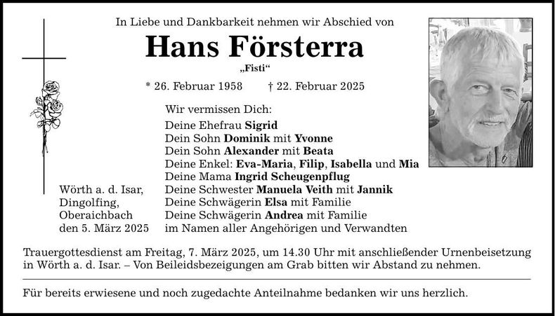 Traueranzeige Hans Försterra