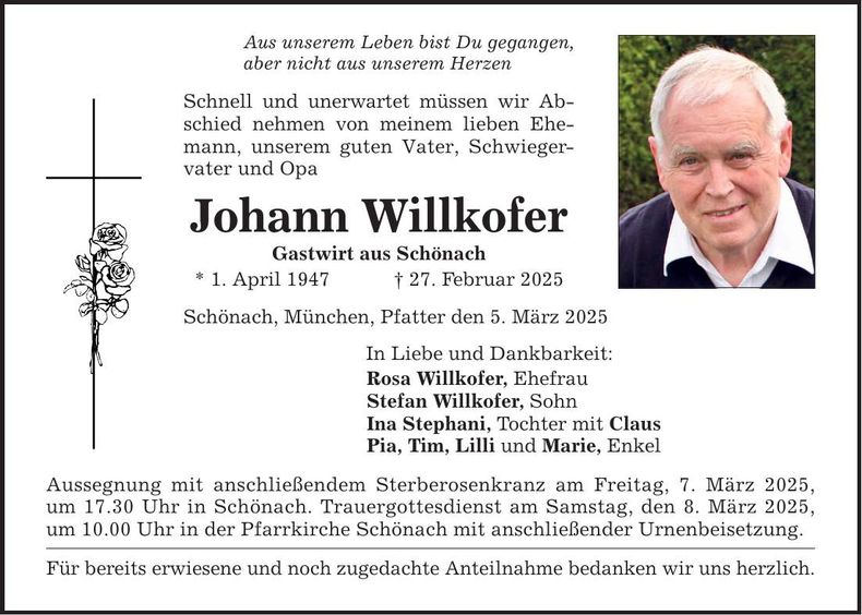 Traueranzeige Johann Willkofer
