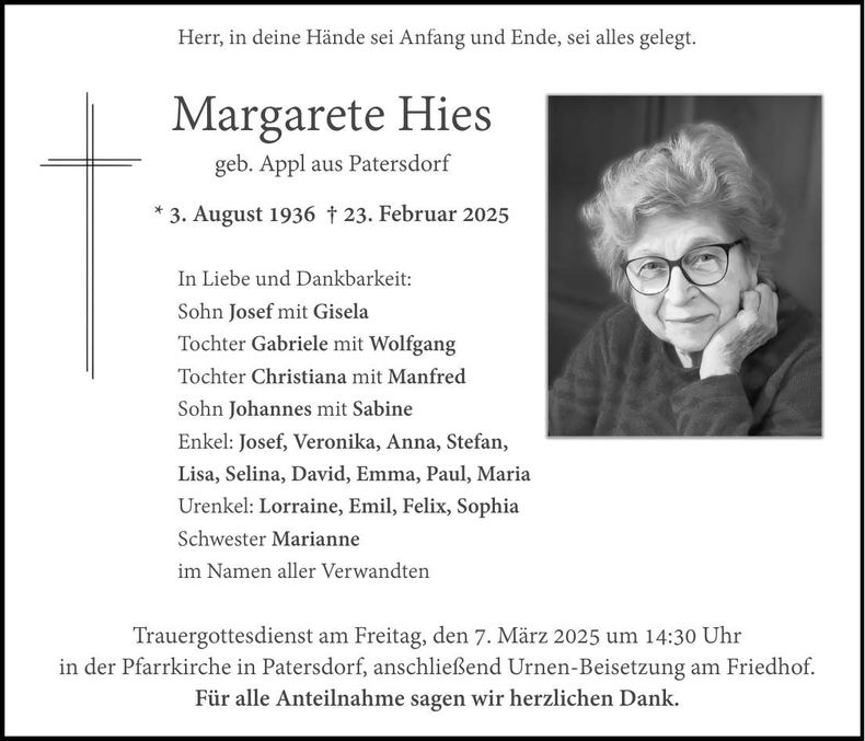 Traueranzeige Margarete Hies