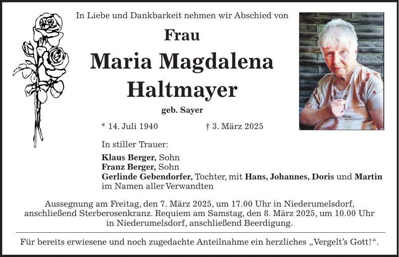 Traueranzeige Maria Magdalena Haltmayer