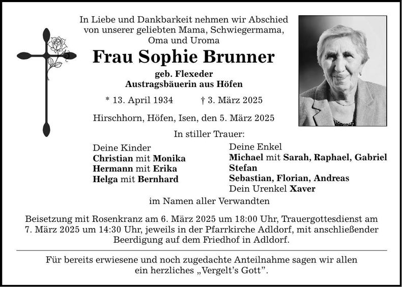 Traueranzeige Sophie Brunner