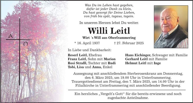 Traueranzeige Willi Leitl