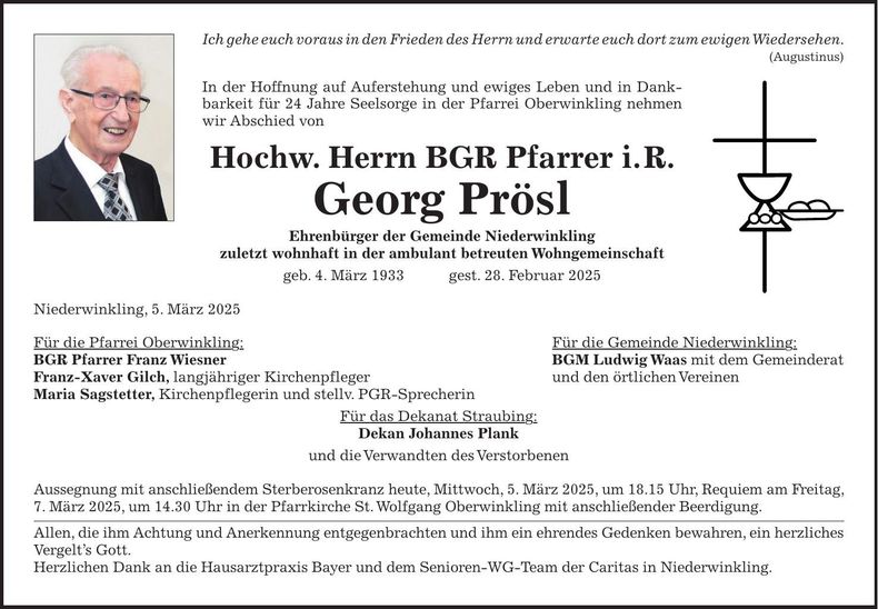 Traueranzeige H. H. BGR Georg Prösl