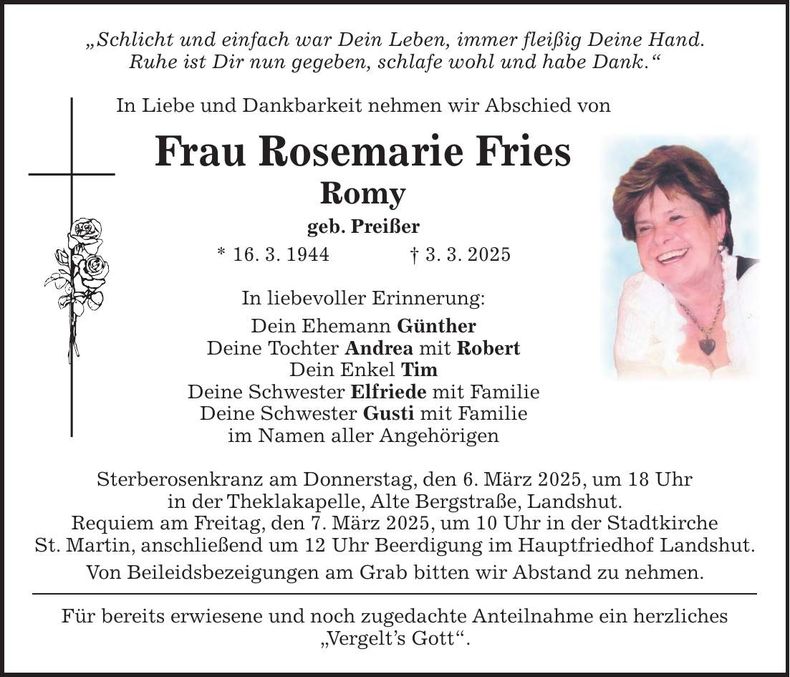 Traueranzeige Rosemarie Fries