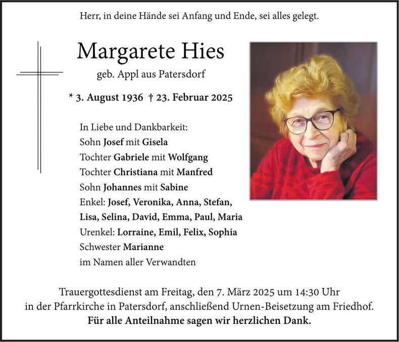 Traueranzeige Margarete Hies
