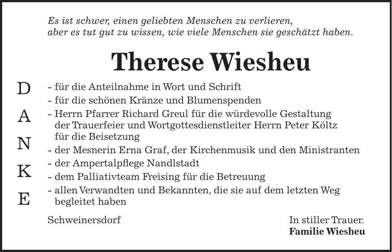 Traueranzeige Therese Wiesheu