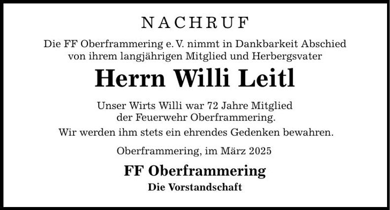Traueranzeige Willi Leitl
