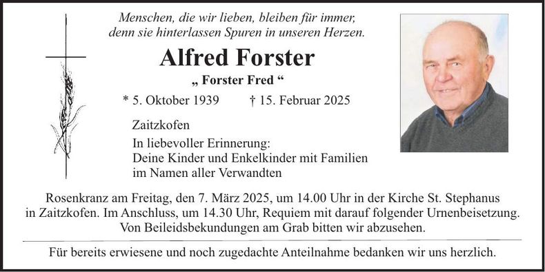 Traueranzeige Alfred Forster