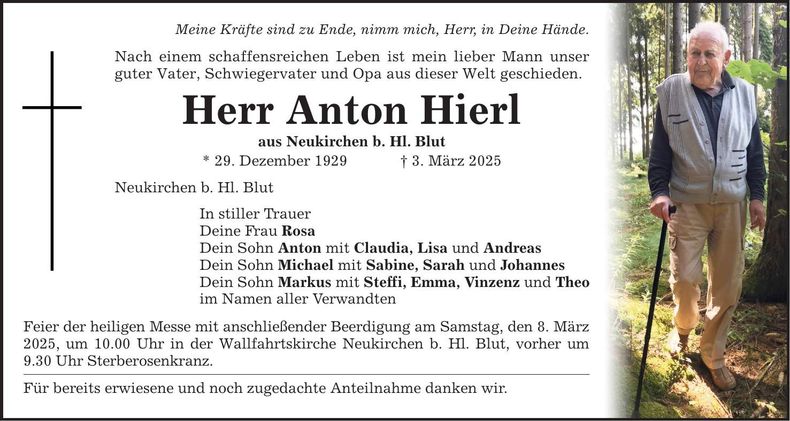 Traueranzeige Anton Hierl