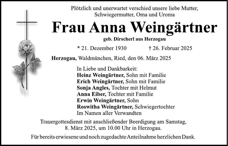 Traueranzeige Anna Weingärtner