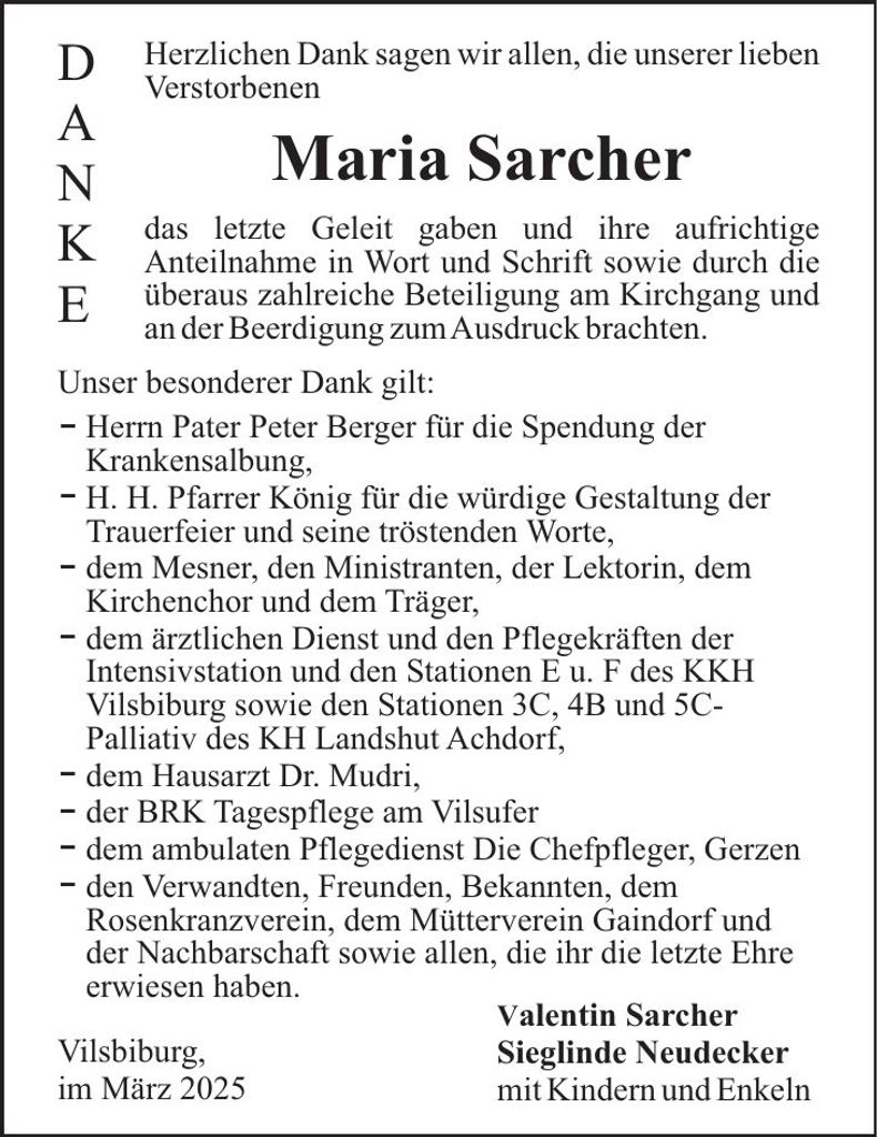 Traueranzeige Maria Sarcher
