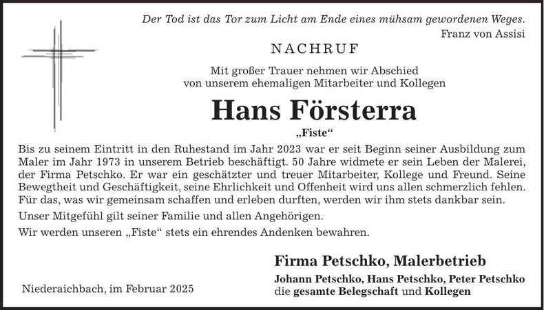 Traueranzeige Hans Försterra