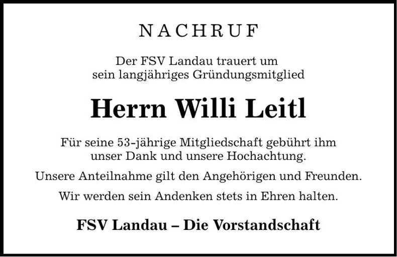 Traueranzeige Willi Leitl
