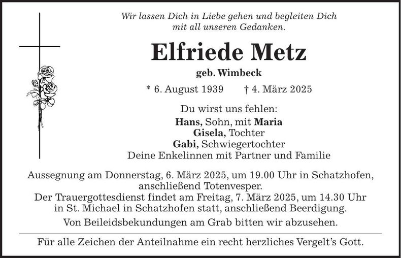 Traueranzeige Elfriede Metz
