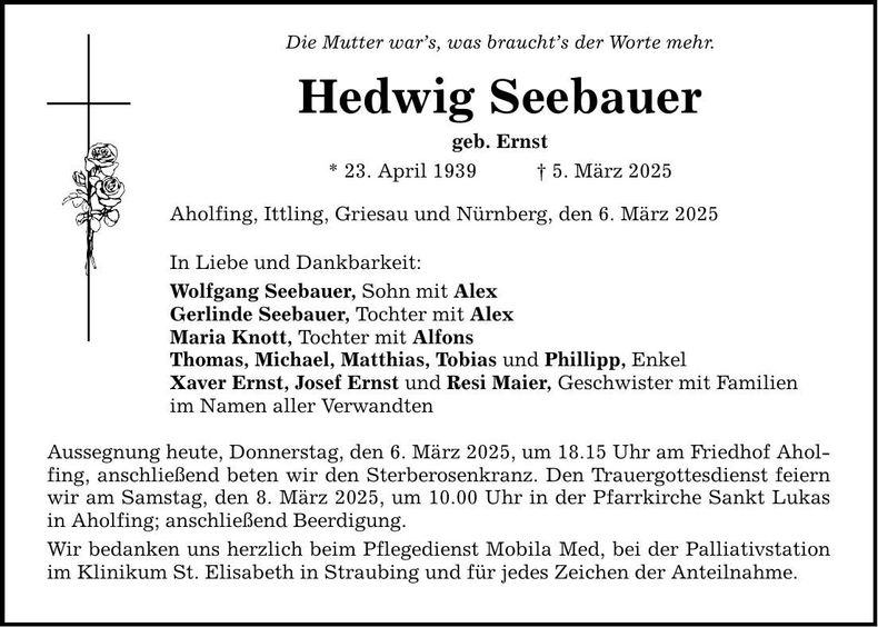 Traueranzeige Hedwig Seebauer