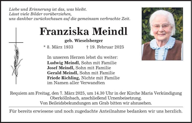Traueranzeige Franziska Meindl