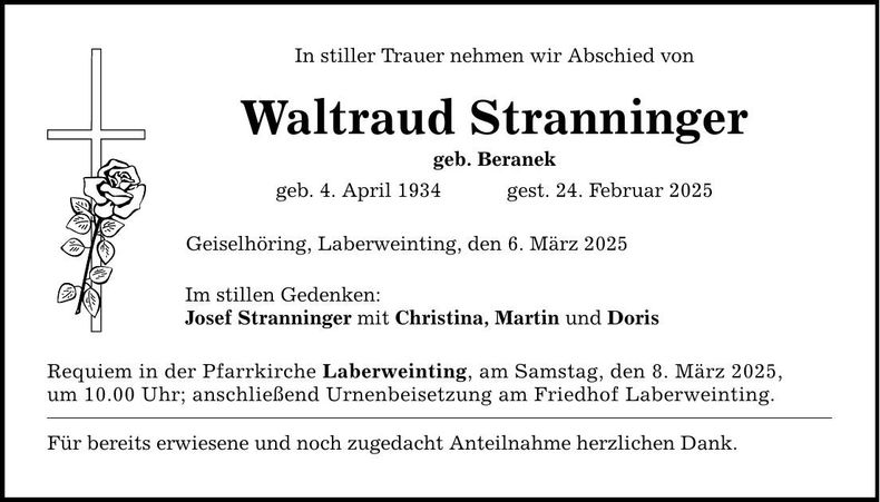 Traueranzeige Waltraud Stranninger
