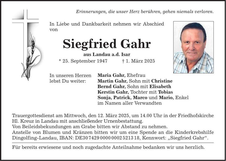 Traueranzeige Siegfried Gahr