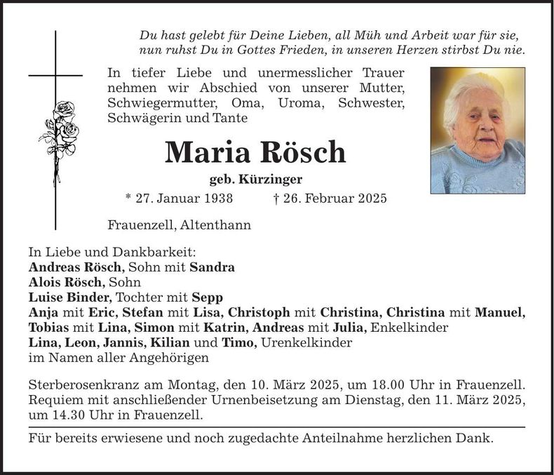 Traueranzeige Maria Rösch