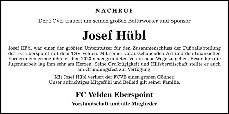 Traueranzeige Josef Hübl