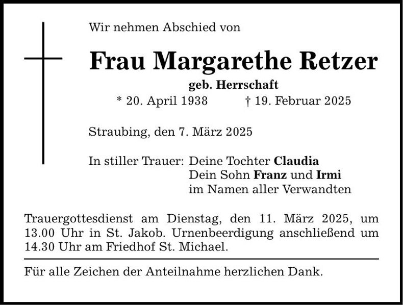 Traueranzeige Margarethe Retzer
