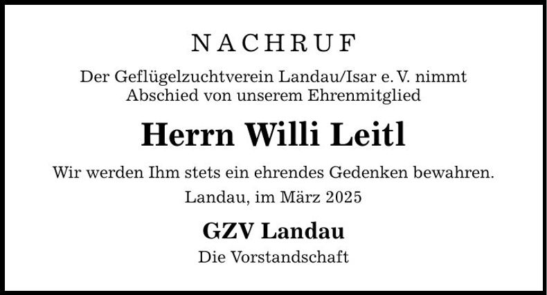 Traueranzeige Willi Leitl