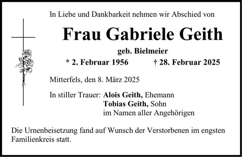 Traueranzeige Gabriele Geith