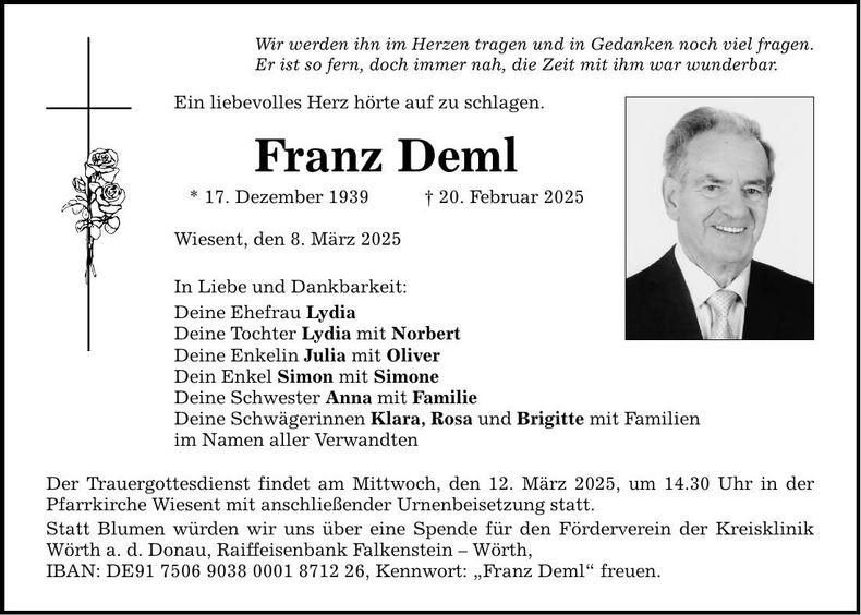 Traueranzeige Franz Deml