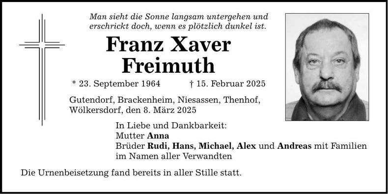 Traueranzeige Franz Xaver Freimuth