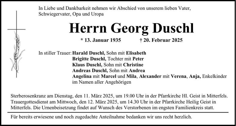 Traueranzeige Georg Duschl