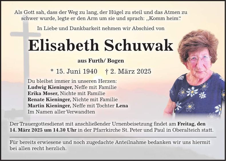 Traueranzeige Elisabeth Schuwak