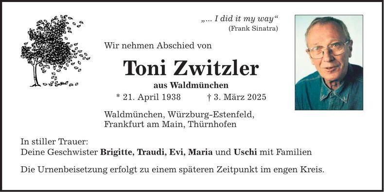 Traueranzeige Toni Zwitzler