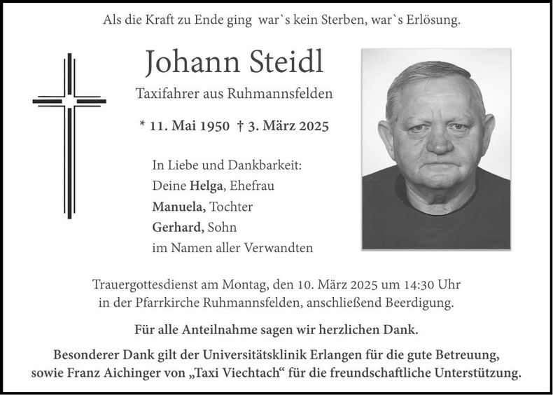 Traueranzeige Johann Steidl Johann Steidl