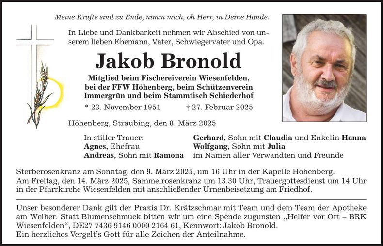 Traueranzeige Jakob Bronold