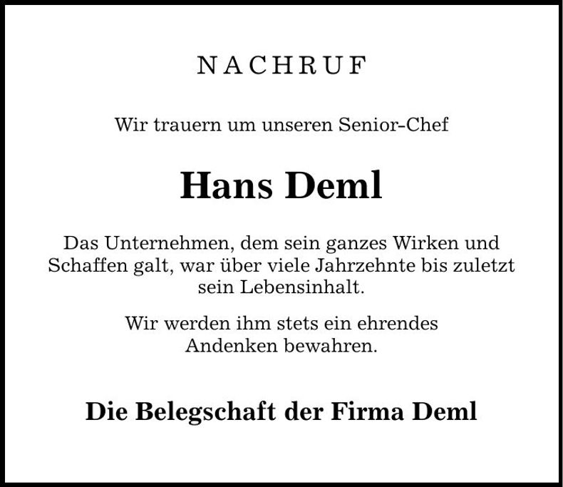 Traueranzeige Hans Deml