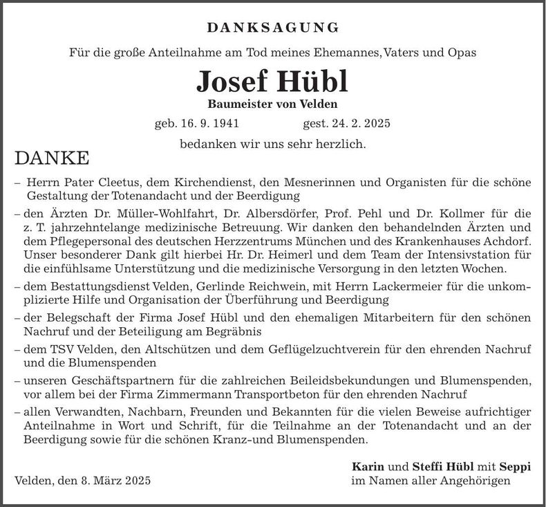 Traueranzeige Josef Hübl