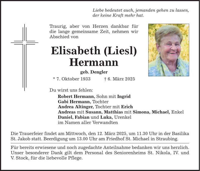 Traueranzeige Elisabeth Hermann