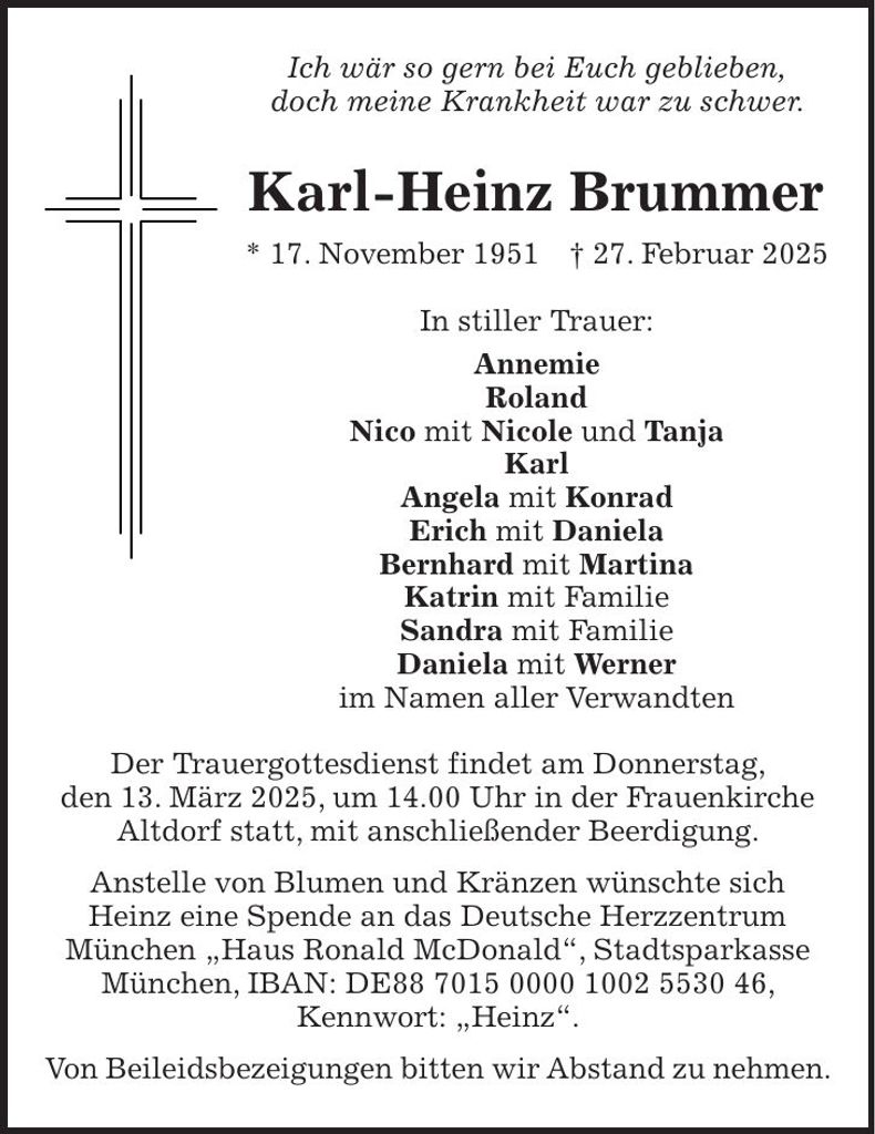 Traueranzeige Karl-Heinz Brummer