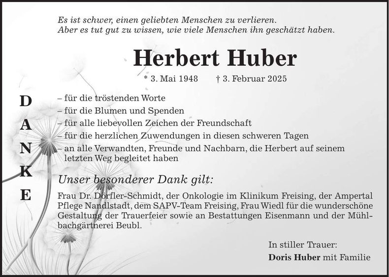 Traueranzeige Herbert Huber