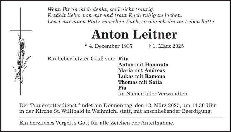 Traueranzeige Anton Leitner