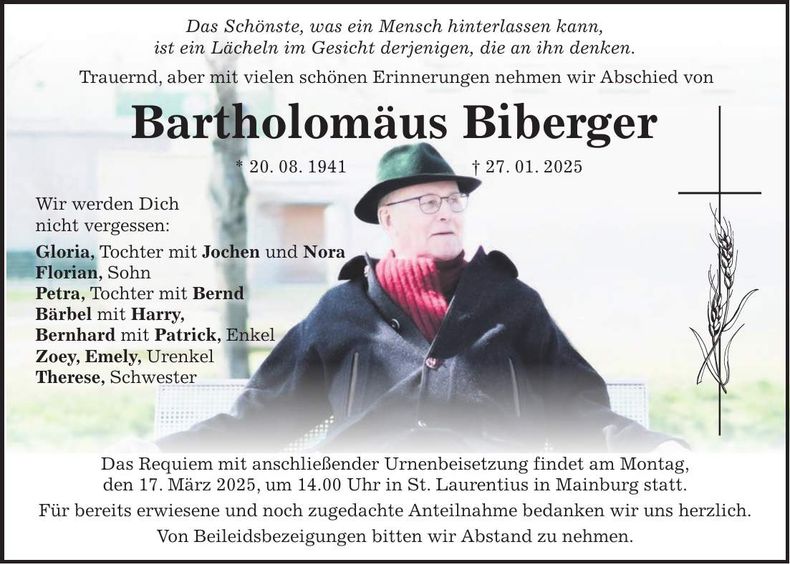 Traueranzeige Bartholomäus Biberger