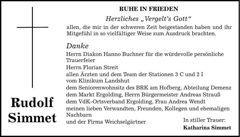 Traueranzeige Rudolf Simmet