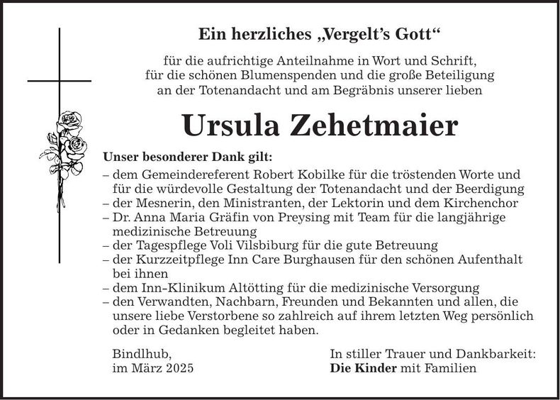 Traueranzeige Ursula Zehetmaier