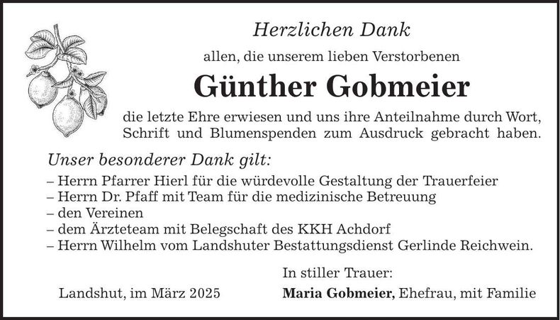 Traueranzeige Günther Gobmeier