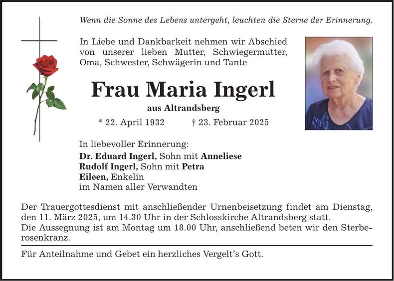 Traueranzeige Maria Ingerl